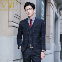 Playboy VIP suit suit mens three-piece Korean slim casual plaid suit Groom wedding dress