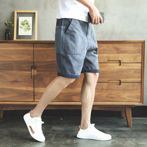 Hong Kong Tide Card Casual Denim Shorts Male Loose Korean Version Trend 100 Hitch Brief About Big Pocket Washed Blue 50% Pants