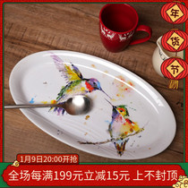 W1962 American order high temperature ceramic watercolor wind hummingbird freehand Oval large dinner plate Western Chinese fish plate