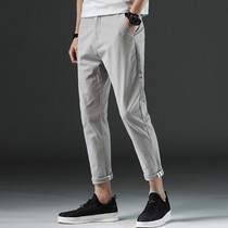 Casual pants mens summer thin nine-point cotton slim stretch small feet solid color straight tube fashion trend handsome summer