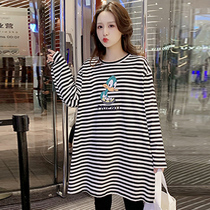 Pregnant women early autumn Long Sleeve Striped long top 2021 New Korean loose size round neck shirt