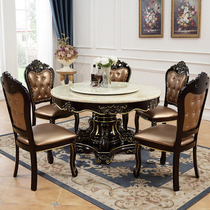 Ebony European marble dining table and chair combination Villa neoclassical light luxury solid wood carved round dining table American
