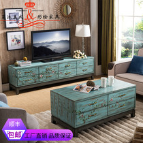 American Mediterranean style individuality flower bird retro solid wood painted as old TV cabinet tea table light blue yellow two meters