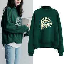 Tide brand dark green semi-turtleneck sweater womens 2021 autumn and winter new loose Korean version plus velvet thickened lazy wind top