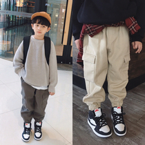 Boy pants in the big boy 2020 Spring and Autumn New Tide Korean version of foreign style childrens clothing children plus velvet padded overwork pants