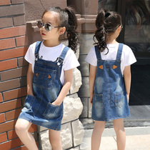 Childrens clothing Girls denim strap dress 2021 summer new Korean version of the foreign style in the big childrens suspender casual strap dress