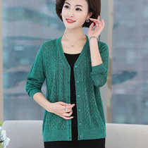 Middle-aged Women Fall Moms Dress Long Sleeve Blouse Hollowed-out Outside Hitch Loose Big Code Knit Cardiovert Sweater Jacket Tide