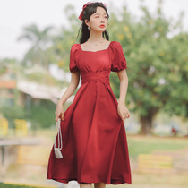 French red bubble sleeve dress women spring summer 2021 new summer foreign atmosphere age sweet skirt waist