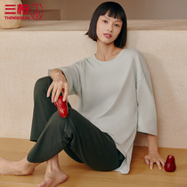 Three Guns Pajamas Set Women Summer Water Soft Cotton Round Neck Sleeve Pants Ladies Home Clothes Cotton Living Clothing 81396