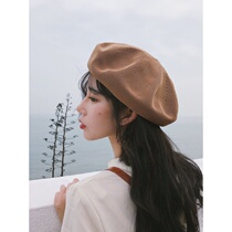 Retro Knit Berets women Summer thin Air Breathable Shade Art Korean version pure color wool line 100 Lapped Painter Cap Tide