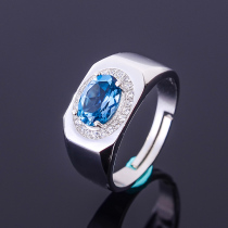 Exploits male ring living mouth sparkling Swiss blue 925 silver plated platinum 6 * 8 mm natural toppstone ring snapped purchase