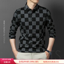 2021 autumn double mercerized cotton mens lapel collar long sleeve T-shirt Plaid business leisure polo shirt cotton base shirt