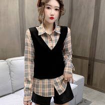 Fake two women blouses shirt woman 2020 spring loaded with Korean version of the ocean gas loose 100 lap splice plaid shirt woman long sleeve