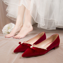 Red wedding shoes flat bottom 2021 new bride Chinese style Xiuhe shoes pregnant women can wear bow Pearl shoes women