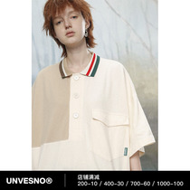 Unvesno (UN) Campus Stitching Polo Shirt Original Retro Couple Models Contrasting Color Lapel Card Loose Short Sleeves