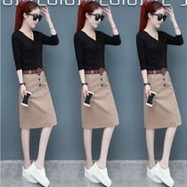 V collar dress womens new skirt 2020 this spring and autumn fashion temperament dress two-piece early autumn