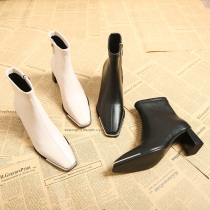 European Station High heel Martin boots Genuine Leather Short Boots 2020 Autumn Winter New square head Heel Heel Mesh Red Slim Shoes