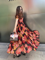 2021 summer new boshnell French vintage rose print mesh v-neck waist skirt dress