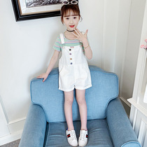 South Korea summer 2021 new Korean version of the girls striped bib pants big children cotton T-shirt jeans two-piece set