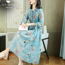 Floral silk dress women long sleeve 2021 spring and summer new European fashion foreign style over the knee mulberry silk long dress women