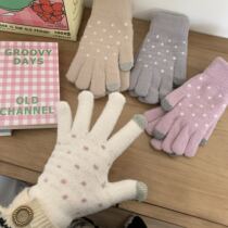 Korea ins polka dot gloves cute warm girl warm wave dot pink Blue touch screen five finger socks