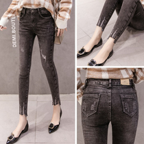 Hong Kong smoke gray hole skinny jeans womens autumn and winter high waist slim stretch thin fleece small feet nine-point pants