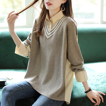Baoshili fake two-piece knitted stitching long-sleeved shirt womens 2021 new spring shirt vintage loose top