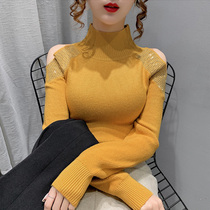 Large size half high collar off shoulder shoulder hot diamond top women 2020 Autumn Winter style inside fashion base sweater knitted sweater women