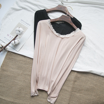 Autumn Winter Joy Modal Lace Round Neck Long Sleeve Size base shirt Womens T-Shirt Low Collar Womens Thin Autumn Clothes