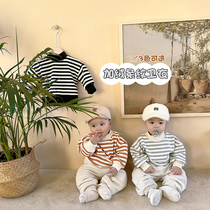 ins21 winter Korean baby striped plus velvet sweater men and women baby high neck loose Joker top out