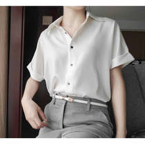  White satin short-sleeved shirt female Hong Kong style student polo professional high-end temperament satin top commuter