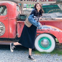 Denim Splicing Necropolis Womens Cap 2022 Spring Autumn New Korean Version Loose Over Knee Long Sleeves Vee Dress Tide