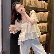 2021 Spring Summer Ultra Fairy Sweet and Teenage Girl Sensation Lotus Leaf Side V Collar Loose Short Sleeve Snow-spinning Cardigan