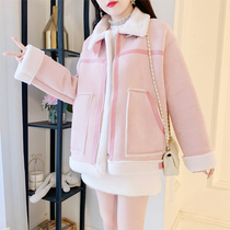 Lamb coat women pink 2021 autumn and winter New plus velvet thick leather hair one Korean version of foreign style casual top