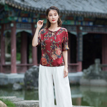 Autumn water ballad original 2021 spring and summer high-end womens heavy silk satin fragrant cloud yarn top female loose short sleeve