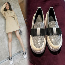 Bow sequin straw thick soled lofford shoes women 2021 Korean version of spring and autumn a pedal lazy leather muffin single shoes