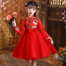 Girl Qipao Autumn Winter Middle Country Wind Children Don dress plus velvety Long sleeves Dress Red Beiyear Dress Winter Princess Dress