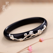 Xisu original sandalwood bracelet female sterling silver plum inlaid natural Ebony silver bracelet bracelet jewelry gift