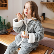 Girls coral velvet pajamas autumn and winter childrens flannel home suit suit plus velvet thickened mid-child girl