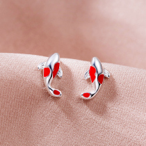 Small carp stud earrings S925 sterling silver stud earrings female cute drip oil red small fish ear jewelry basic koi goldfish