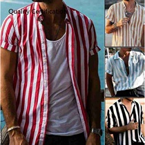 V-Neck Striped Button Up Shirt Summer Casual Blouse Tee Tops