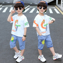 Boy Alphabet Printed Short Sleeve Suit Summer New 2022 Ocean Gas Children Casual Denim Jeans Two Sets Tide