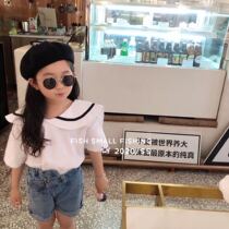  girls baby Korean childrens clothing 2020 summer new girls college style lapel shirt short-sleeved crimped denim shorts