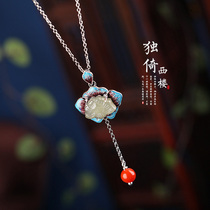 Pure Silver Necklace Art Retro Fever Blue Craft Enamel Color Silver Inlaid Peony Flowers and Tian jade Pendant Necklace Woman