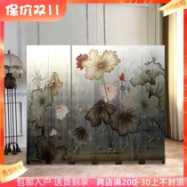 Chinese lotus bird gold and silver foil screen hand-painted folding decorative lacquer painting partition background wall porch hotel folding screen