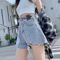  Blue ripped denim shorts womens volleyball buckle a-line high-waisted hot pants summer thin 2021 new burrs irregular