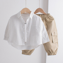 Korean simple boy striped shirt spring air loose 2021 spring and autumn baby white shirt long sleeve coat