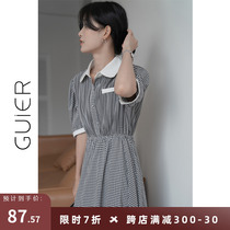 GUIER bump-colored plaid dress woman 2022 summer new design sensation small crowdfolded waist display slim a long dress