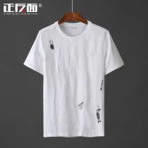 Cartoon character embroidery material cotton linen short sleeve T-shirt men simple casual white youth half sleeve linen T-shirt E