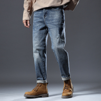 Jeans mens Tide brand elastic autumn and winter loose straight pants Korean trend spring and autumn casual long pants men